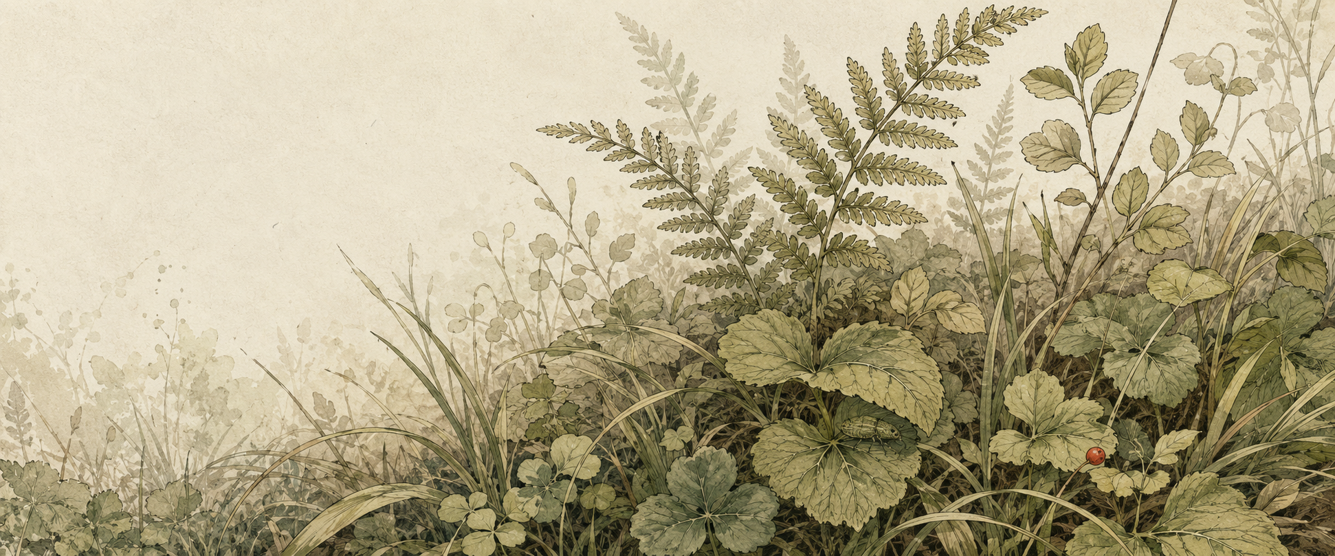 Botanical field illustration with a beetle camouflaged in the foliage